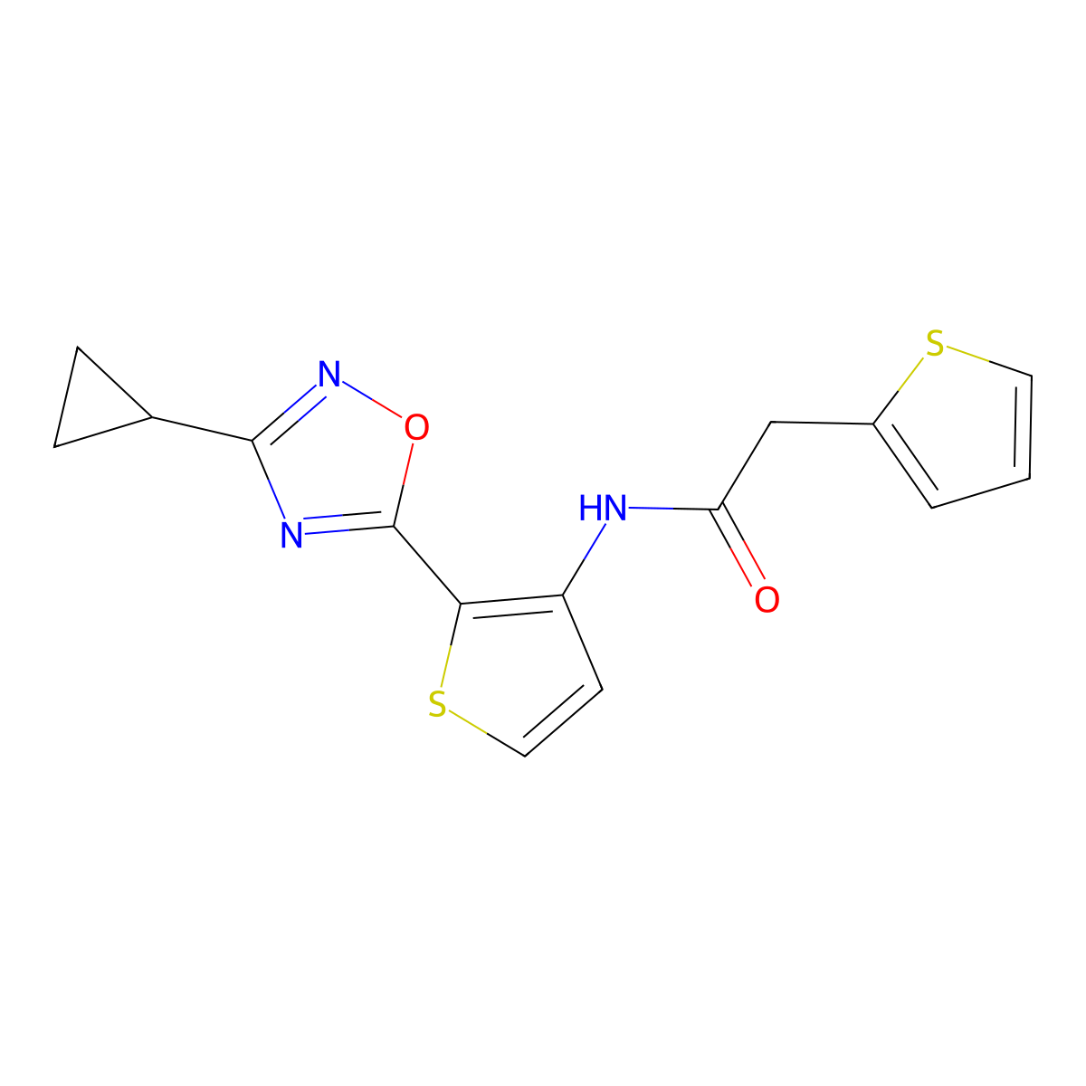N-(2-(3-cyclopropyl-1,2,4-oxadiazol-5-yl)thiophen-3-yl)-2-(thiophen-2-yl)acetamide molecular structure, CAS 1798526-03-0