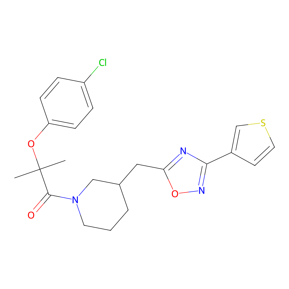 2-(4-Chlorophenoxy)-2-methyl-1-(3-((3-(thiophen-3-yl)-1,2,4-oxadiazol-5-yl)methyl)piperidin-1-yl)propan-1-one molecular structure, CAS 1798529-45-9