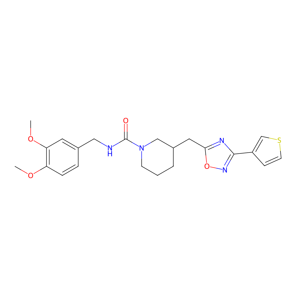 N-(3,4-dimethoxybenzyl)-3-((3-(thiophen-3-yl)-1,2,4-oxadiazol-5-yl)methyl)piperidine-1-carboxamide molecular structure, CAS 1798529-49-3
