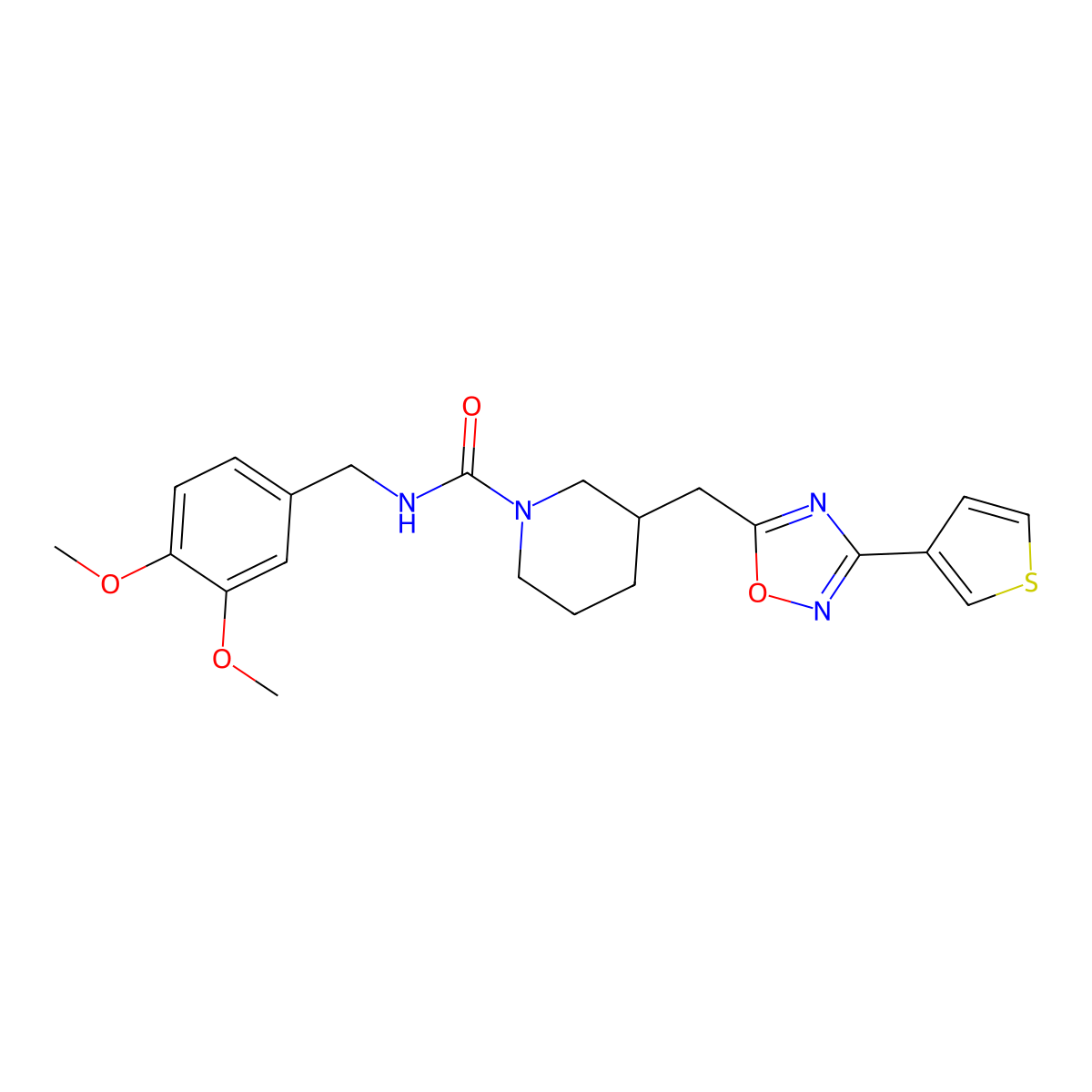 N-(3,4-dimethoxybenzyl)-3-((3-(thiophen-3-yl)-1,2,4-oxadiazol-5-yl)methyl)piperidine-1-carboxamide molecular structure, CAS 1798529-49-3