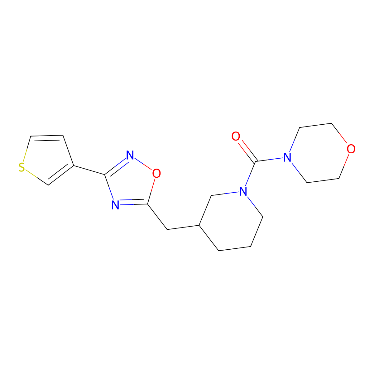 Morpholino(3-((3-(thiophen-3-yl)-1,2,4-oxadiazol-5-yl)methyl)piperidin-1-yl)methanone molecular structure, CAS 1798529-57-3