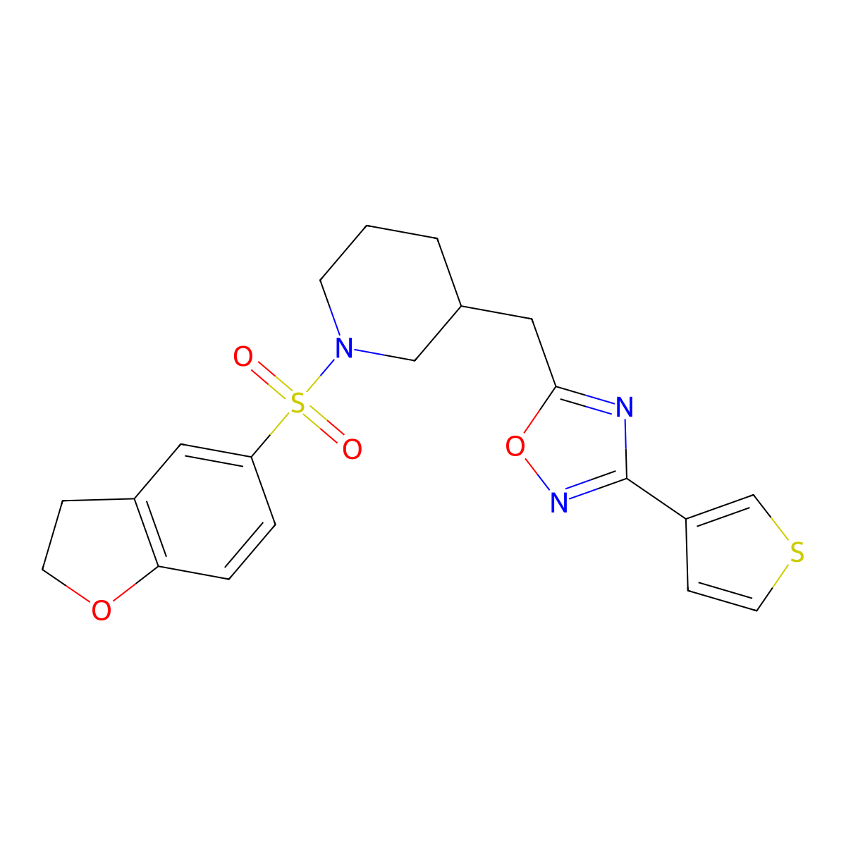 5-((1-((2,3-Dihydrobenzofuran-5-yl)sulfonyl)piperidin-3-yl)methyl)-3-(thiophen-3-yl)-1,2,4-oxadiazole molecular structure, CAS 1798529-62-0