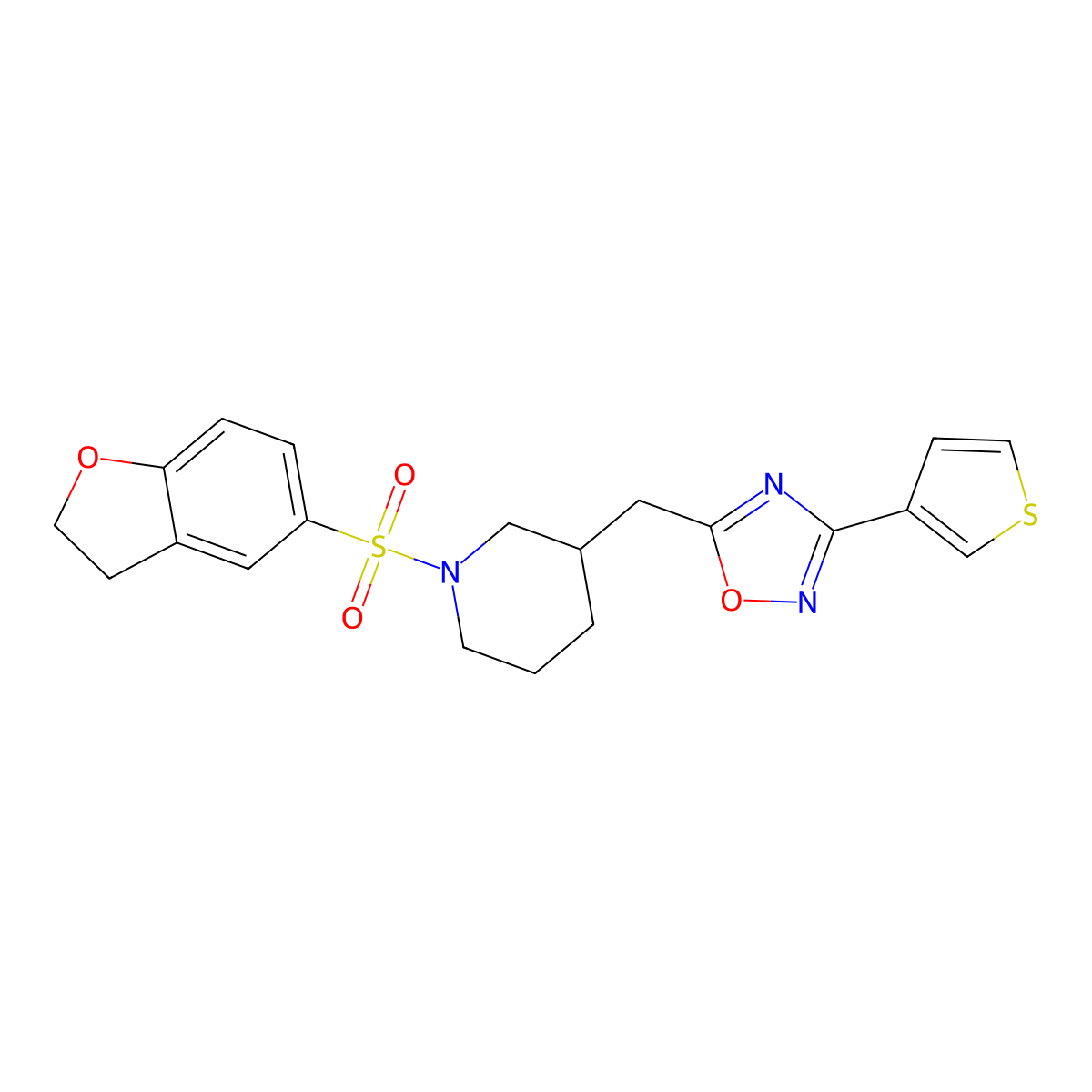 5-((1-((2,3-Dihydrobenzofuran-5-yl)sulfonyl)piperidin-3-yl)methyl)-3-(thiophen-3-yl)-1,2,4-oxadiazole molecular structure, CAS 1798529-62-0