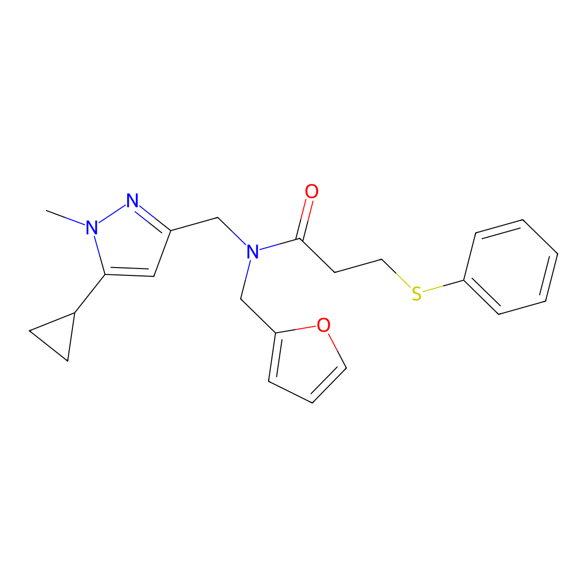N-((5-cyclopropyl-1-methyl-1H-pyrazol-3-yl)methyl)-N-(furan-2-ylmethyl)-3-(phenylthio)propanamide molecular structure, CAS 1798529-79-9