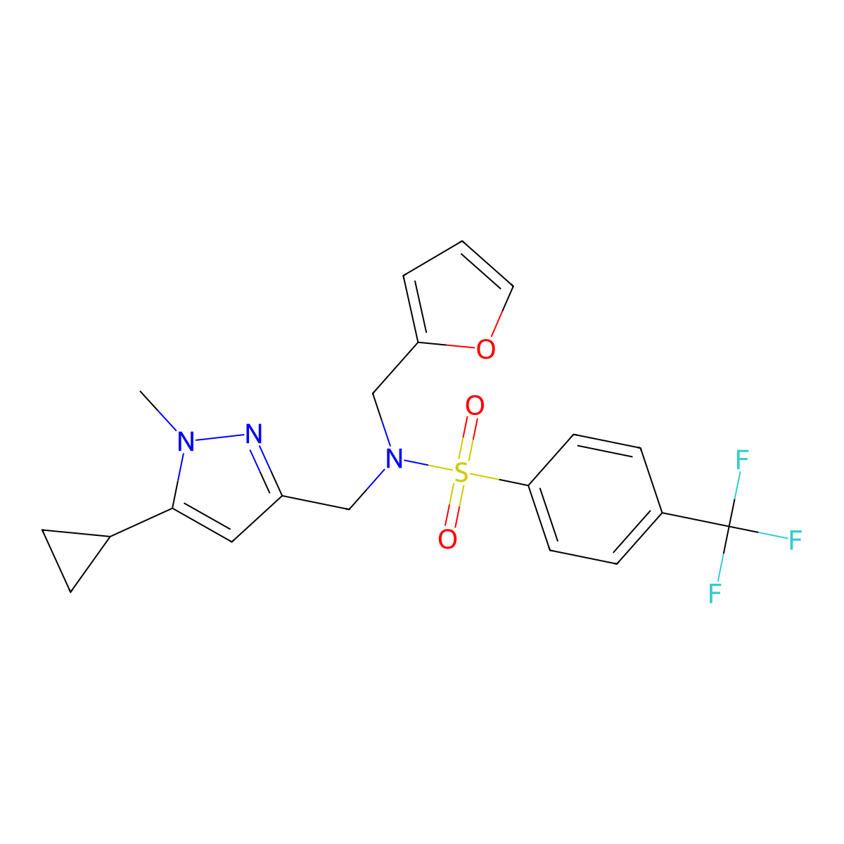 N-((5-cyclopropyl-1-methyl-1H-pyrazol-3-yl)methyl)-N-(furan-2-ylmethyl)-4-(trifluoromethyl)benzenesulfonamide molecular structure, CAS 1798529-81-3
