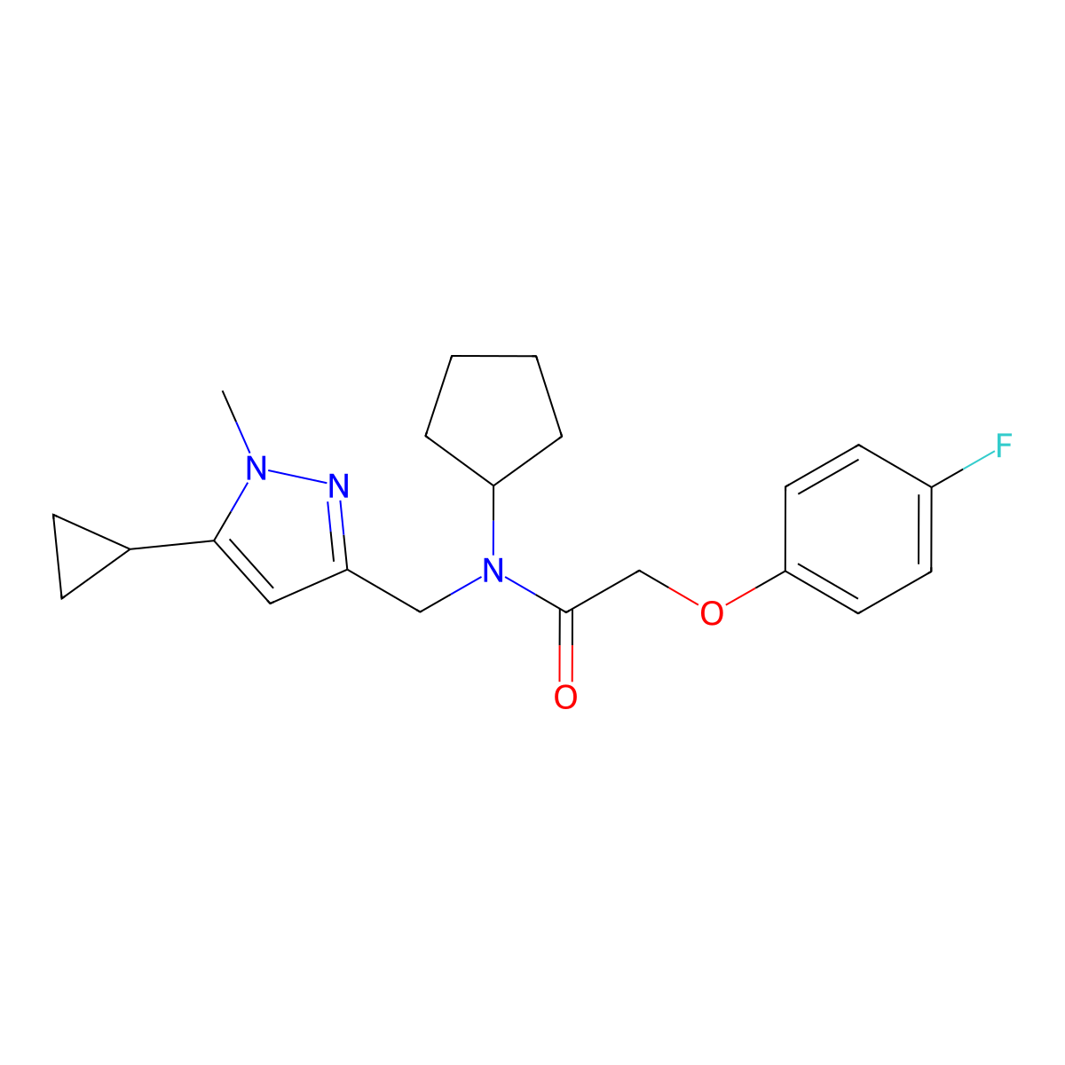 N-cyclopentyl-N-[(5-cyclopropyl-1-methyl-1H-pyrazol-3-yl)methyl]-2-(4-fluorophenoxy)acetamide molecular structure, CAS 1798529-84-6