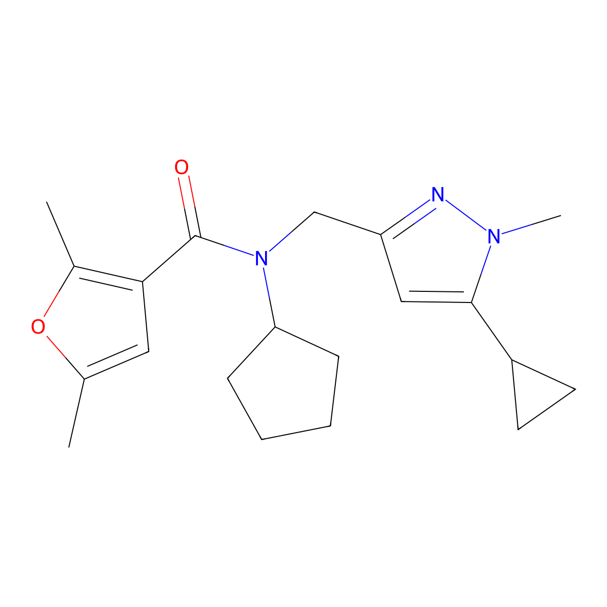 N-cyclopentyl-N-[(5-cyclopropyl-1-methyl-1H-pyrazol-3-yl)methyl]-2,5-dimethylfuran-3-carboxamide molecular structure, CAS 1798529-88-0
