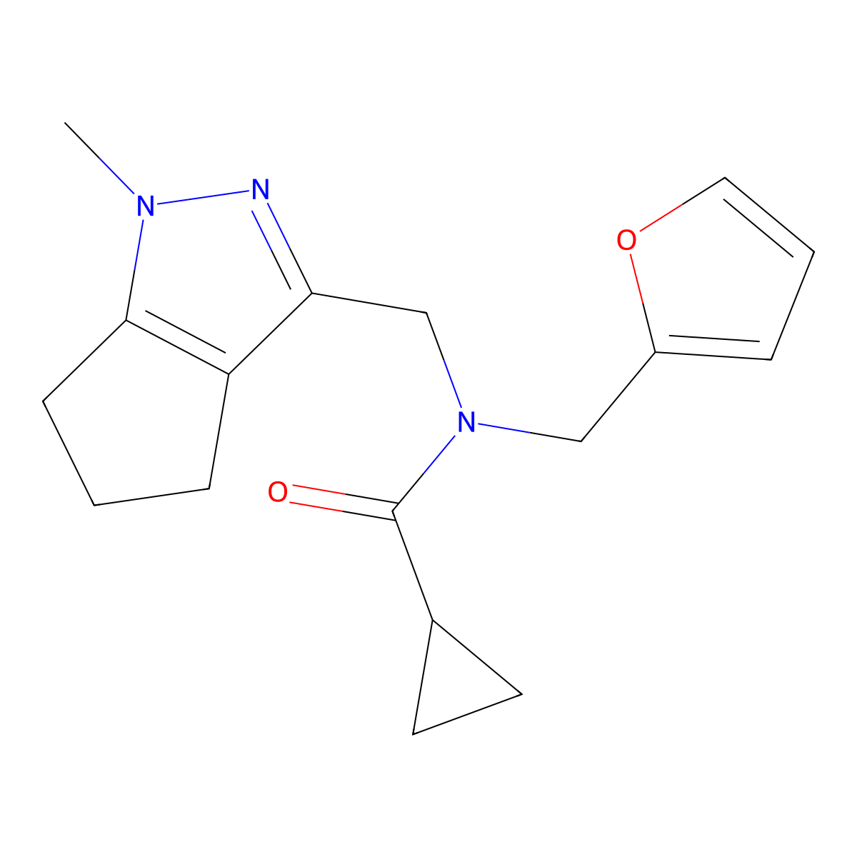 N-(furan-2-ylmethyl)-N-((1-methyl-1,4,5,6-tetrahydrocyclopenta[c]pyrazol-3-yl)methyl)cyclopropanecarboxamide molecular structure, CAS 1798530-02-5