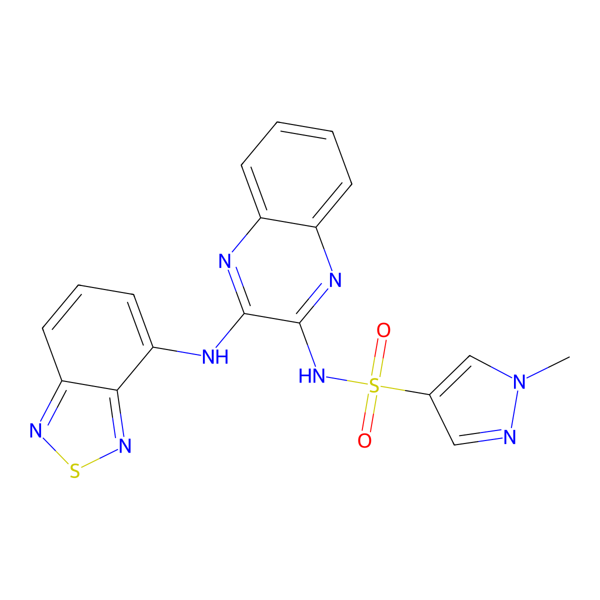 N-(3-(benzo[c][1,2,5]thiadiazol-4-ylamino)quinoxalin-2-yl)-1-methyl-1H-pyrazole-4-sulfonamide molecular structure, CAS 1798530-27-4