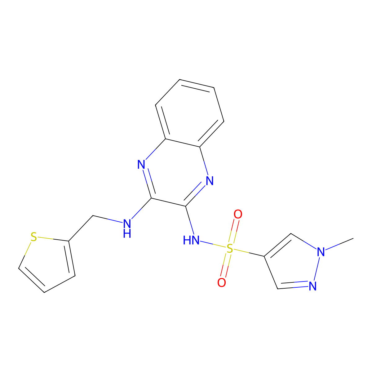 1-methyl-N-(3-((thiophen-2-ylmethyl)amino)quinoxalin-2-yl)-1H-pyrazole-4-sulfonamide molecular structure, CAS 1798530-32-1