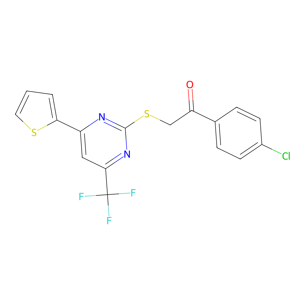 1-(4-Chlorophenyl)-2-{[4-(thiophen-2-yl)-6-(trifluoromethyl)pyrimidin-2-yl]sulfanyl}ethanone molecular structure, CAS 1798530-47-8