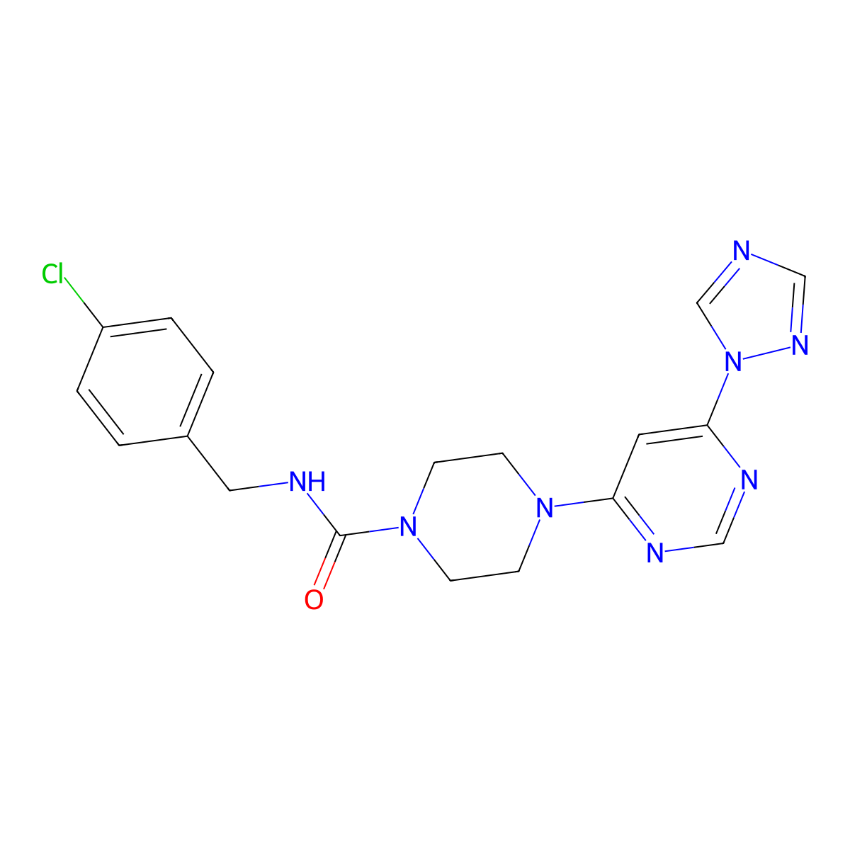 4-(6-(1H-1,2,4-triazol-1-yl)pyrimidin-4-yl)-N-(4-chlorobenzyl)piperazine-1-carboxamide molecular structure, CAS 1798537-55-9