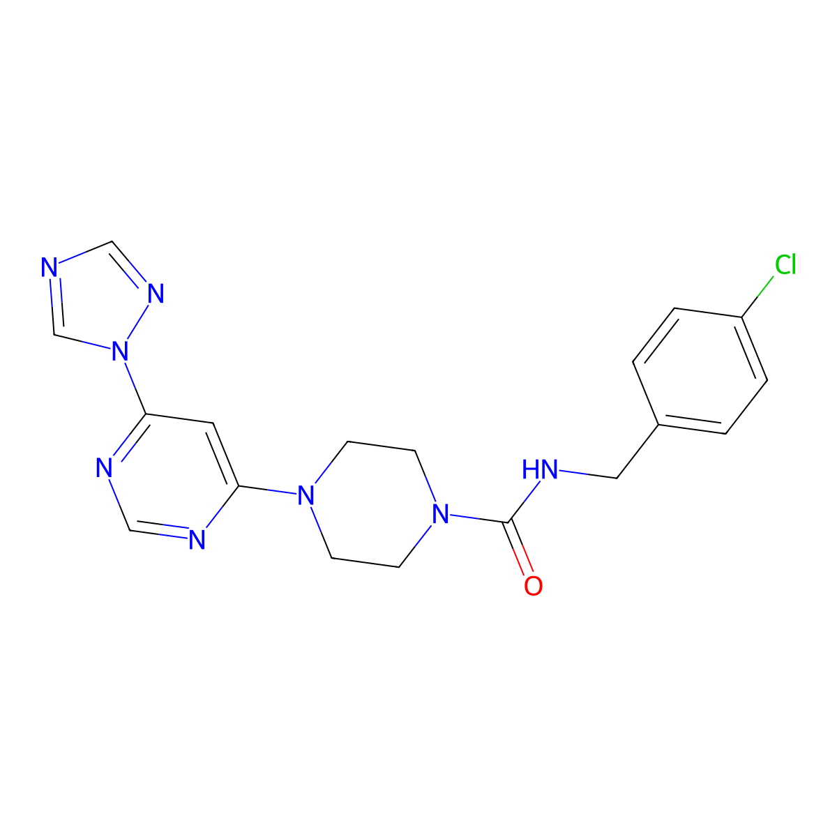 4-(6-(1H-1,2,4-triazol-1-yl)pyrimidin-4-yl)-N-(4-chlorobenzyl)piperazine-1-carboxamide molecular structure, CAS 1798537-55-9