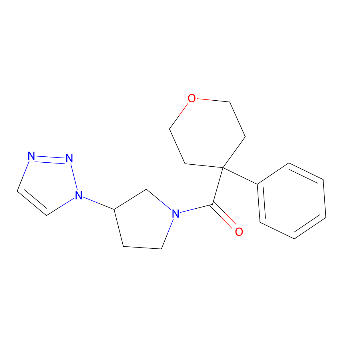 (3-(1H-1,2,3-triazol-1-yl)pyrrolidin-1-yl)(4-phenyltetrahydro-2H-pyran-4-yl)methanone molecular structure, CAS 1798537-87-7