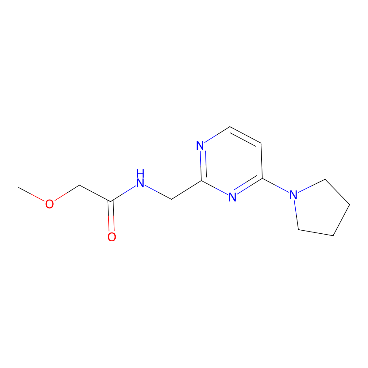 2-methoxy-N-((4-(pyrrolidin-1-yl)pyrimidin-2-yl)methyl)acetamide molecular structure, CAS 1798538-54-1
