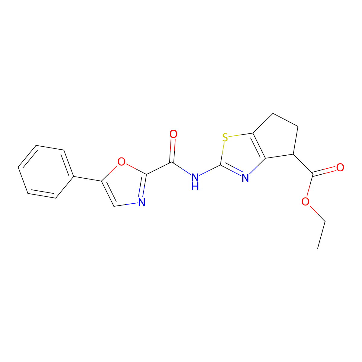 ethyl 2-(5-phenyloxazole-2-carboxamido)-5,6-dihydro-4H-cyclopenta[d]thiazole-4-carboxylate molecular structure, CAS 1798538-88-1