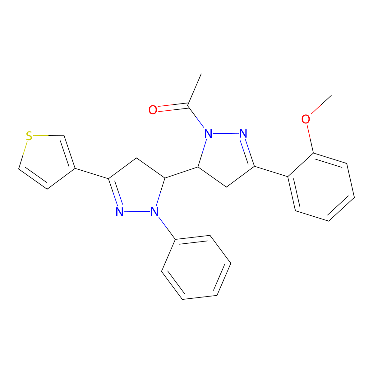 1-[5-(2-methoxyphenyl)-2'-phenyl-5'-(thiophen-3-yl)-2H,2'H,3H,3'H,4H,4'H-[3,3'-bipyrazole]-2-yl]ethan-1-one molecular structure, CAS 1798539-16-8