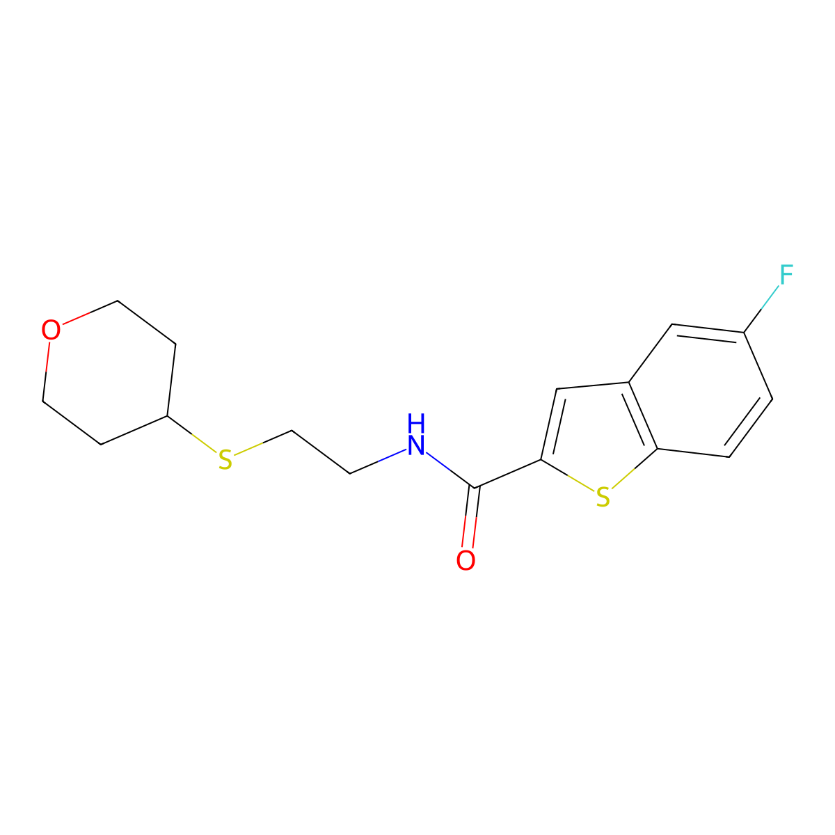 5-fluoro-N-[2-(oxan-4-ylsulfanyl)ethyl]-1-benzothiophene-2-carboxamide molecular structure, CAS 1798539-73-7