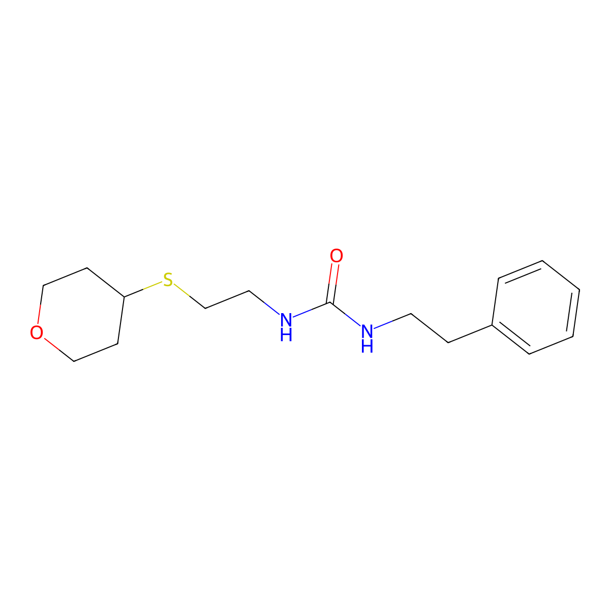 1-phenethyl-3-(2-((tetrahydro-2H-pyran-4-yl)thio)ethyl)urea molecular structure, CAS 1798539-85-1