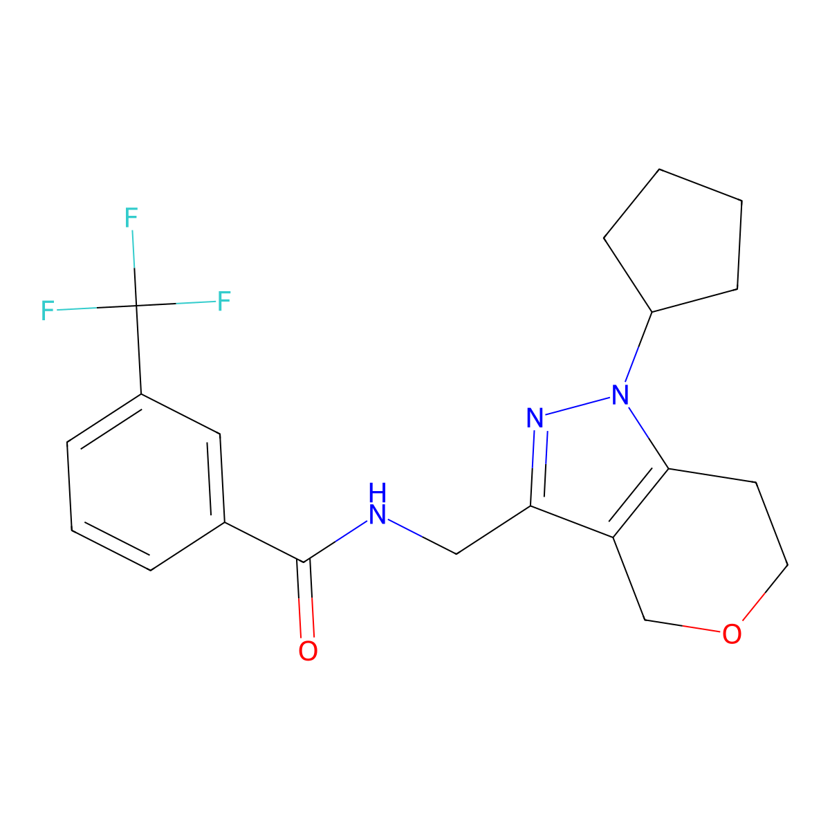 N-((1-cyclopentyl-1,4,6,7-tetrahydropyrano[4,3-c]pyrazol-3-yl)methyl)-3-(trifluoromethyl)benzamide molecular structure, CAS 1798539-94-2