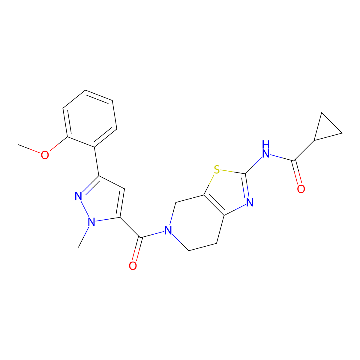 N-(5-(3-(2-methoxyphenyl)-1-methyl-1H-pyrazole-5-carbonyl)-4,5,6,7-tetrahydrothiazolo[5,4-c]pyridin-2-yl)cyclopropanecarboxamide molecular structure, CAS 1798540-35-8