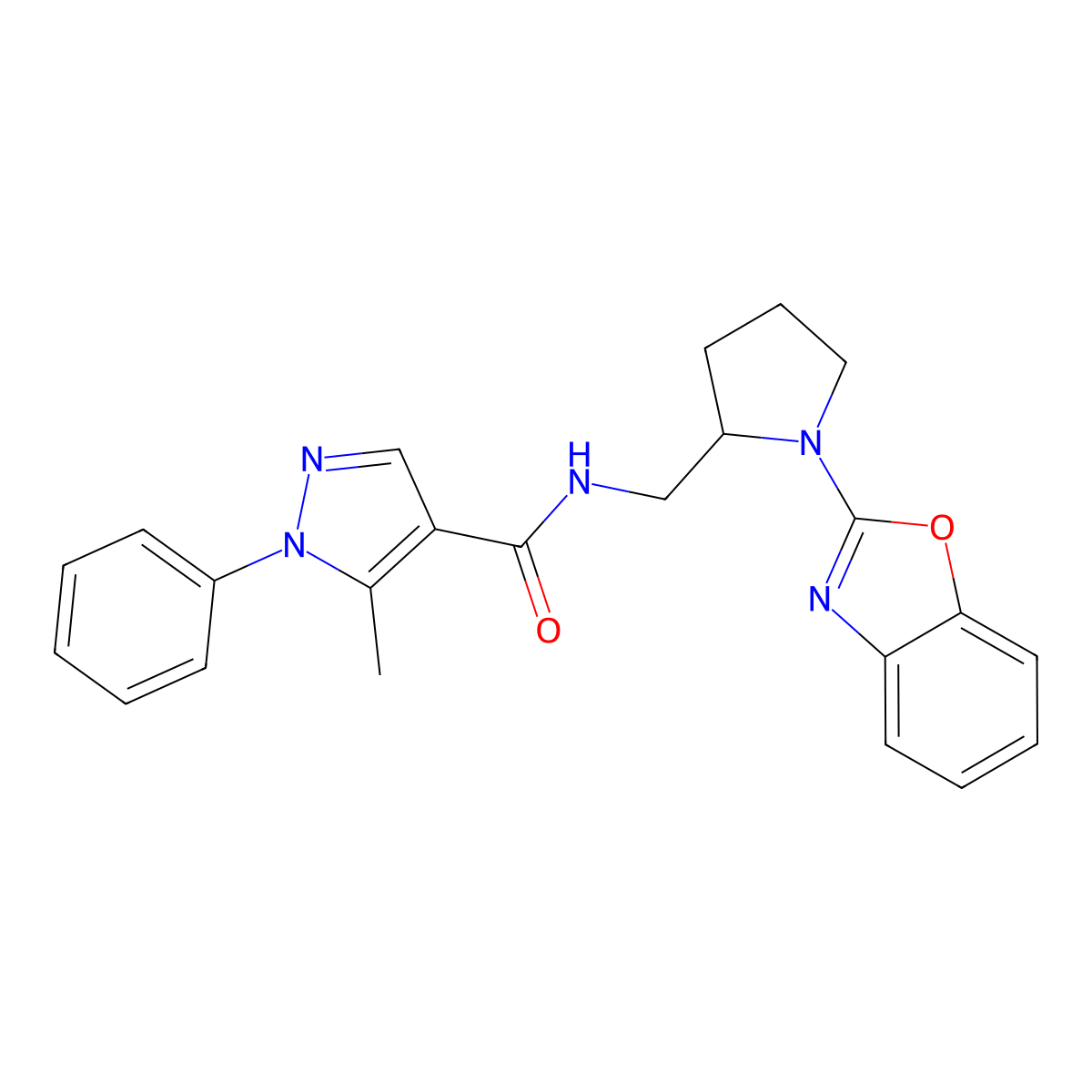 N-((1-(benzo[d]oxazol-2-yl)pyrrolidin-2-yl)methyl)-5-methyl-1-phenyl-1H-pyrazole-4-carboxamide molecular structure, CAS 1798541-11-3