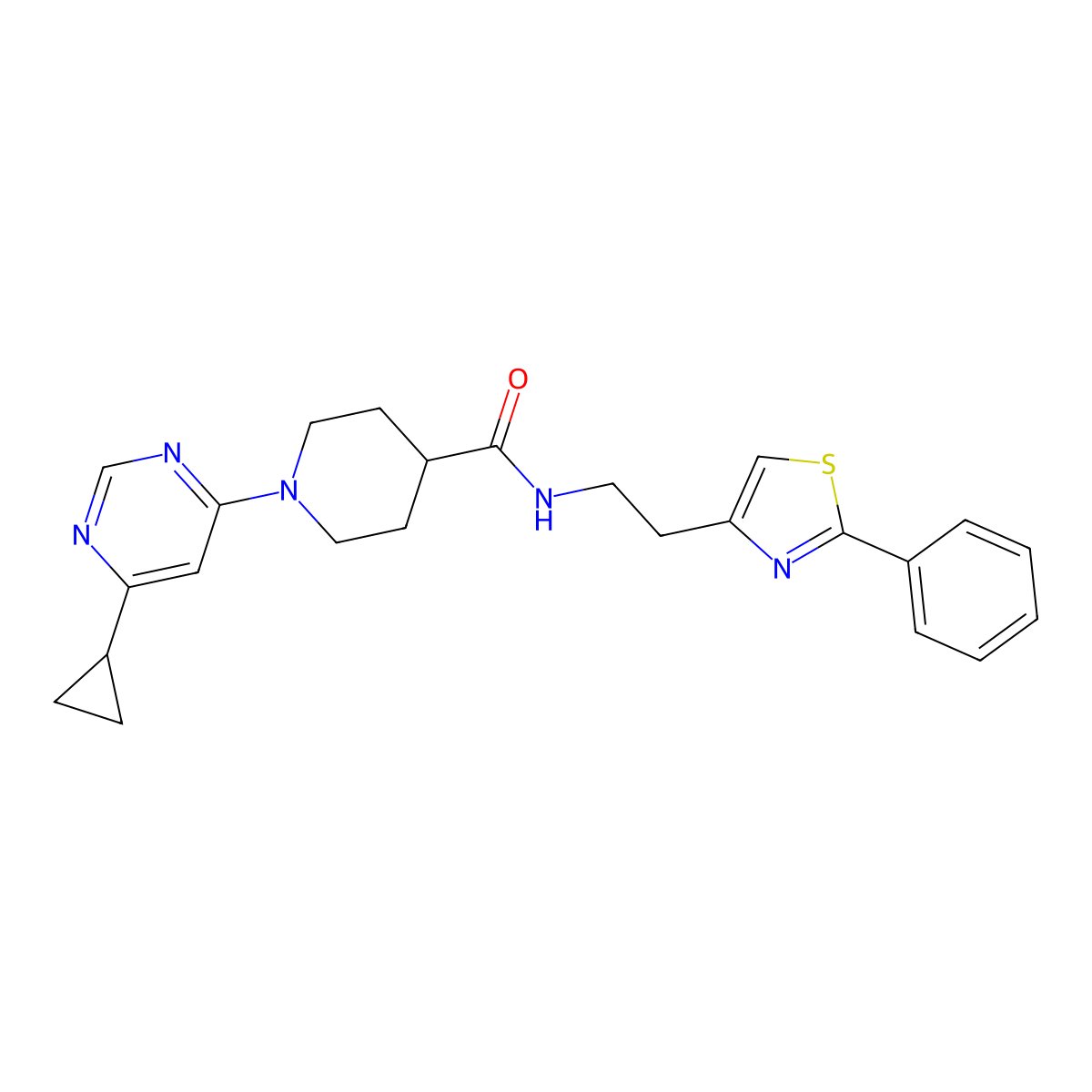 1-(6-cyclopropylpyrimidin-4-yl)-N-(2-(2-phenylthiazol-4-yl)ethyl)piperidine-4-carboxamide molecular structure, CAS 1798542-32-1