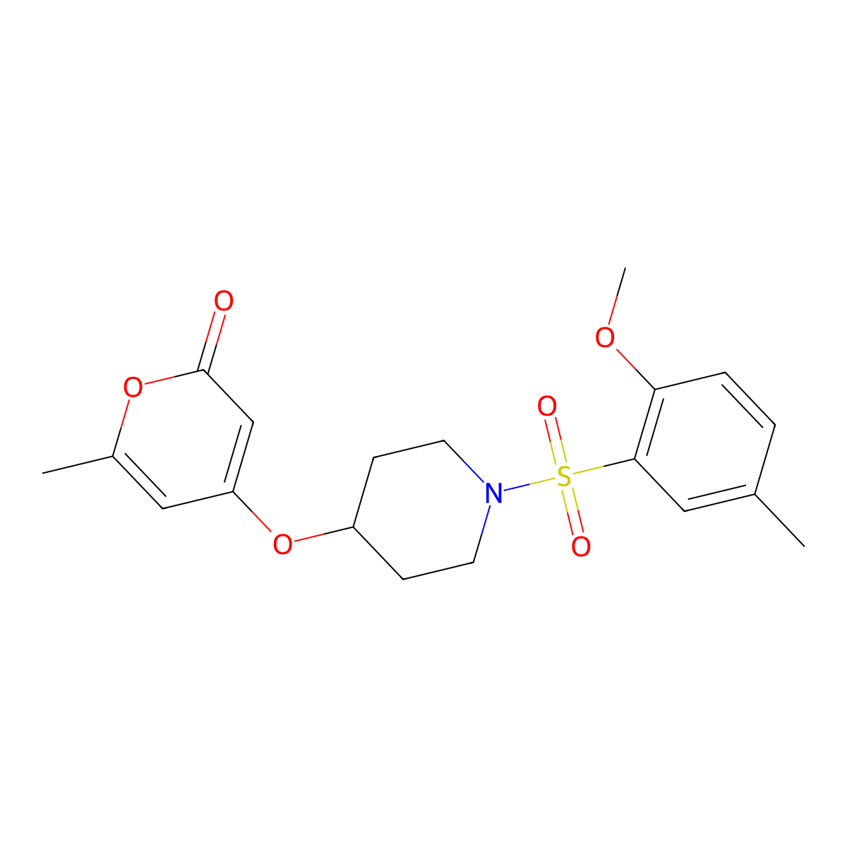 4-((1-((2-methoxy-5-methylphenyl)sulfonyl)piperidin-4-yl)oxy)-6-methyl-2H-pyran-2-one molecular structure, CAS 1798542-41-2