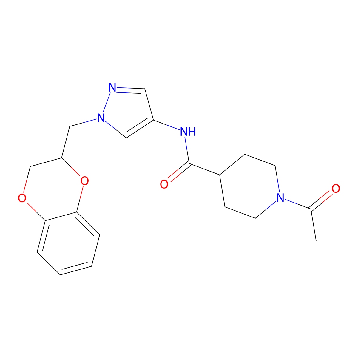 1-acetyl-N-(1-((2,3-dihydrobenzo[b][1,4]dioxin-2-yl)methyl)-1H-pyrazol-4-yl)piperidine-4-carboxamide molecular structure, CAS 1798542-66-1