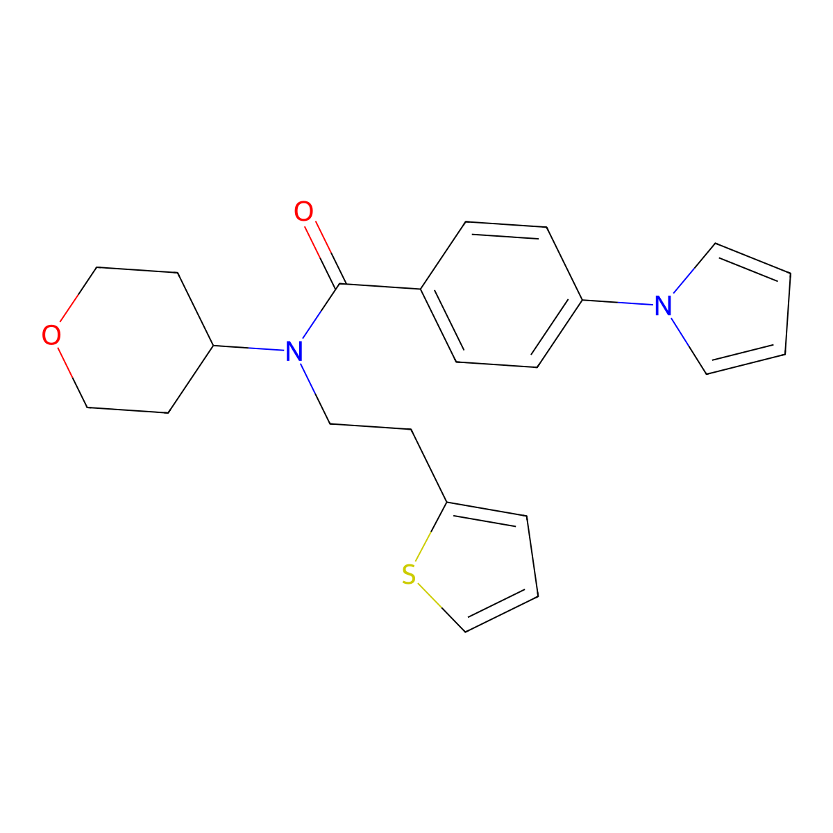 4-(1H-pyrrol-1-yl)-N-(tetrahydro-2H-pyran-4-yl)-N-(2-(thiophen-2-yl)ethyl)benzamide molecular structure, CAS 1798543-59-5