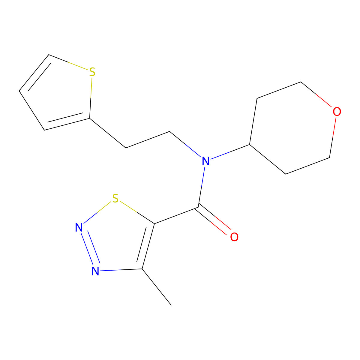 4-methyl-N-(tetrahydro-2H-pyran-4-yl)-N-(2-(thiophen-2-yl)ethyl)-1,2,3-thiadiazole-5-carboxamide molecular structure, CAS 1798543-71-1