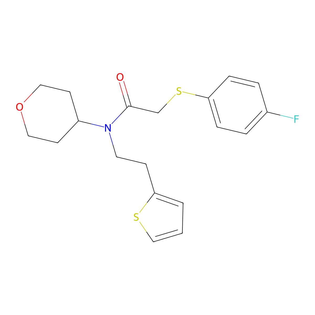 2-((4-fluorophenyl)thio)-N-(tetrahydro-2H-pyran-4-yl)-N-(2-(thiophen-2-yl)ethyl)acetamide molecular structure, CAS 1798543-78-8