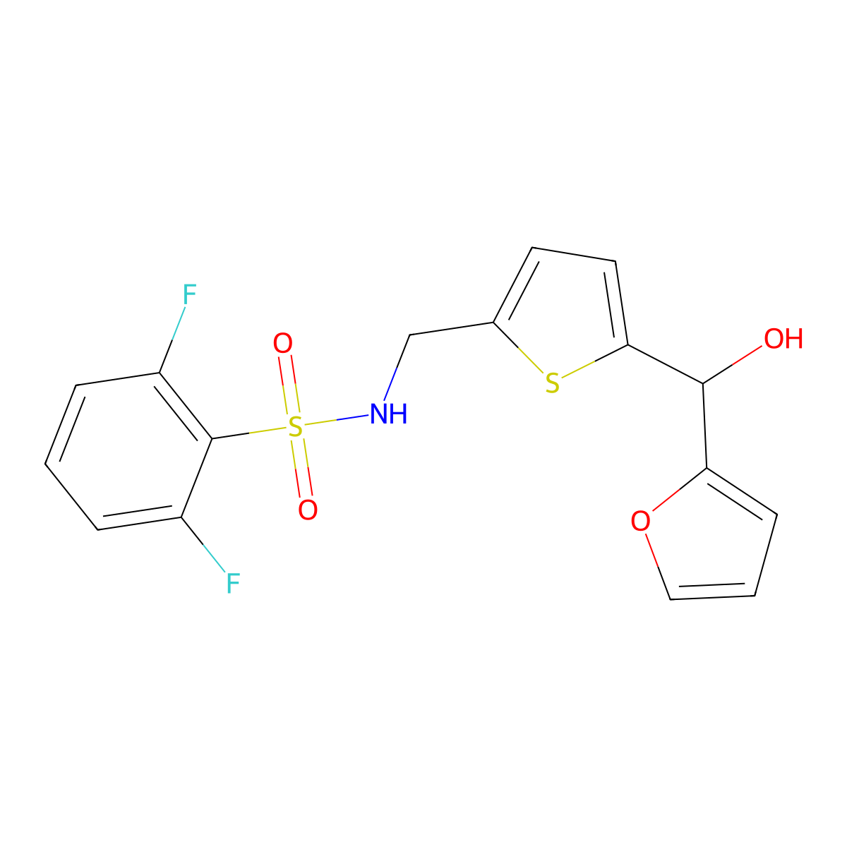 2,6-difluoro-N-((5-(furan-2-yl(hydroxy)methyl)thiophen-2-yl)methyl)benzenesulfonamide molecular structure, CAS 1798544-08-7