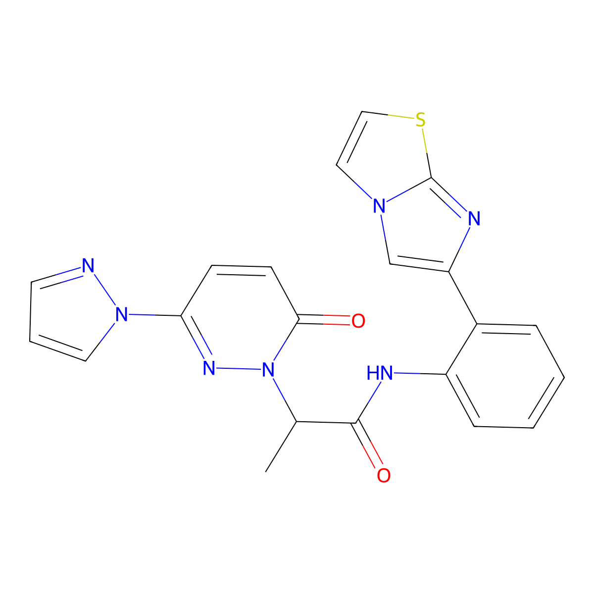 N-(2-{imidazo[2,1-b][1,3]thiazol-6-yl}phenyl)-2-[6-oxo-3-(1H-pyrazol-1-yl)-1,6-dihydropyridazin-1-yl]propanamide molecular structure, CAS 1798546-01-6