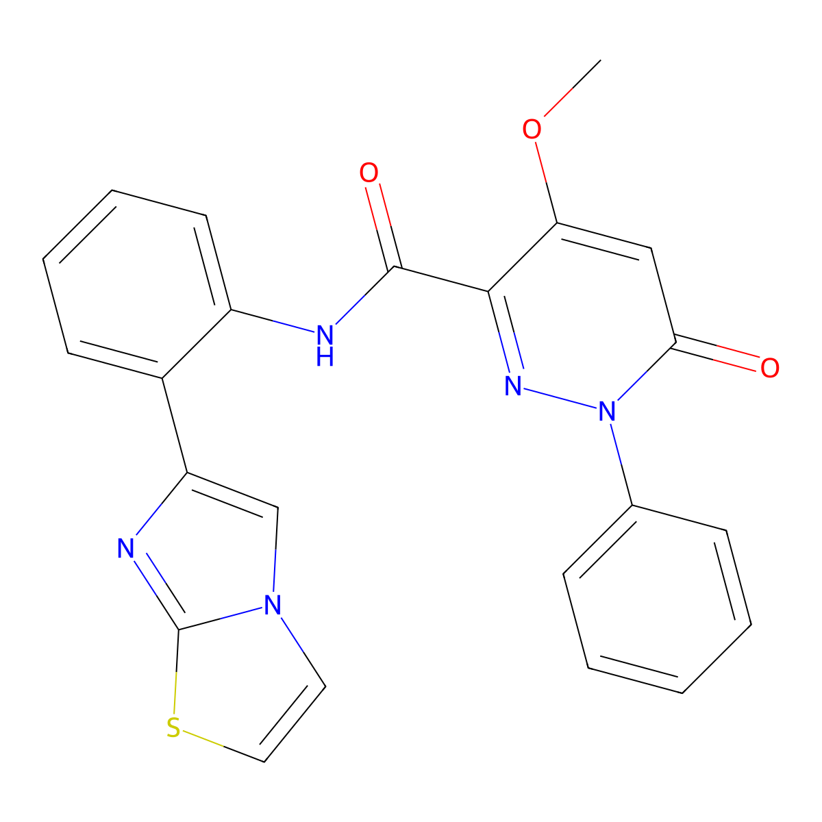 N-(2-(imidazo[2,1-b]thiazol-6-yl)phenyl)-4-methoxy-6-oxo-1-phenyl-1,6-dihydropyridazine-3-carboxamide molecular structure, CAS 1798546-13-0