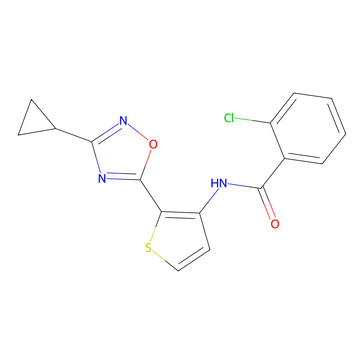 2-chloro-N-[2-(3-cyclopropyl-1,2,4-oxadiazol-5-yl)thiophen-3-yl]benzamide molecular structure, CAS 1798618-15-1