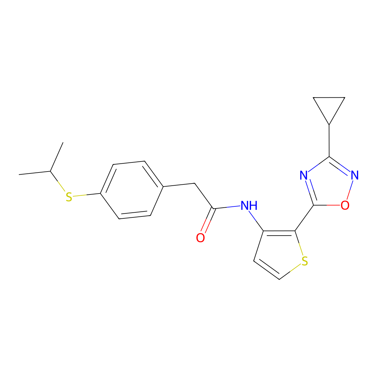 N-(2-(3-cyclopropyl-1,2,4-oxadiazol-5-yl)thiophen-3-yl)-2-(4-(isopropylthio)phenyl)acetamide molecular structure, CAS 1798618-18-4