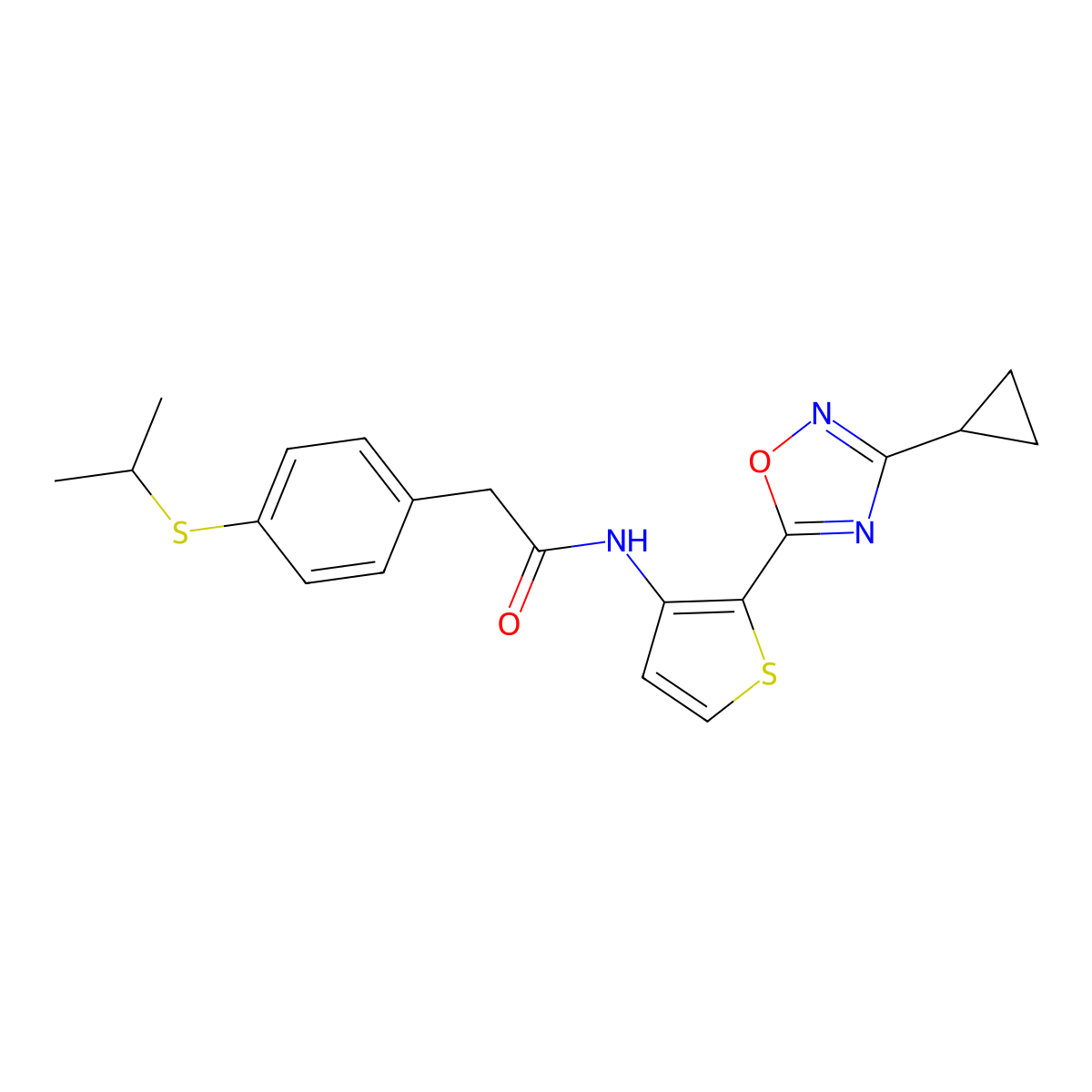 N-(2-(3-cyclopropyl-1,2,4-oxadiazol-5-yl)thiophen-3-yl)-2-(4-(isopropylthio)phenyl)acetamide molecular structure, CAS 1798618-18-4