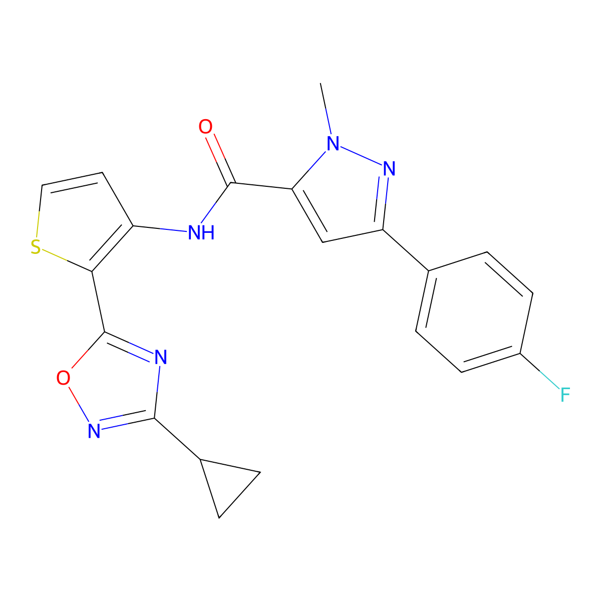 N-(2-(3-cyclopropyl-1,2,4-oxadiazol-5-yl)thiophen-3-yl)-3-(4-fluorophenyl)-1-methyl-1H-pyrazole-5-carboxamide molecular structure, CAS 1798618-22-0