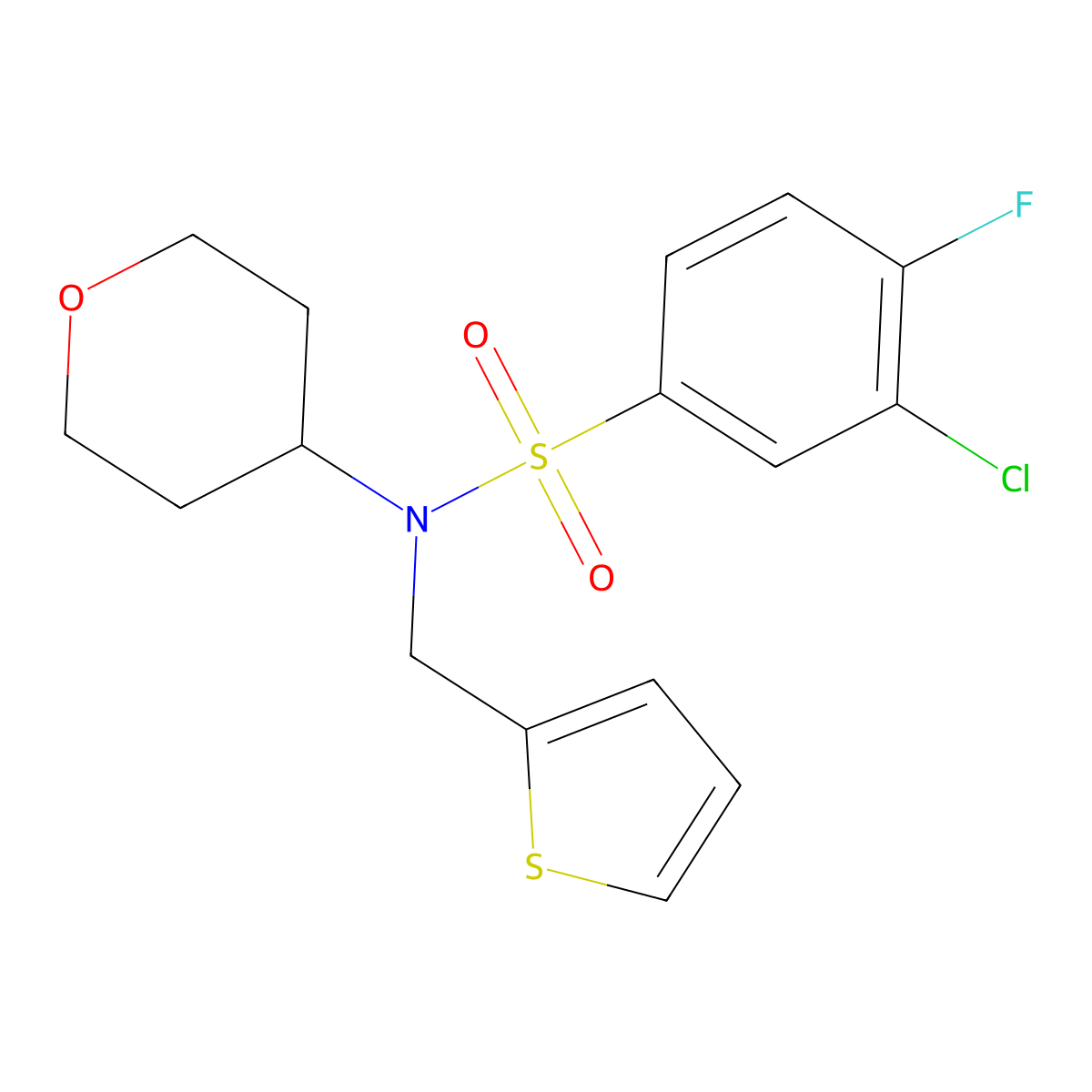3-chloro-4-fluoro-N-(tetrahydro-2H-pyran-4-yl)-N-(thiophen-2-ylmethyl)benzenesulfonamide molecular structure, CAS 1798618-33-3
