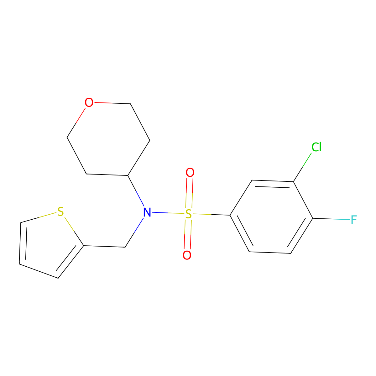 3-chloro-4-fluoro-N-(tetrahydro-2H-pyran-4-yl)-N-(thiophen-2-ylmethyl)benzenesulfonamide molecular structure, CAS 1798618-33-3