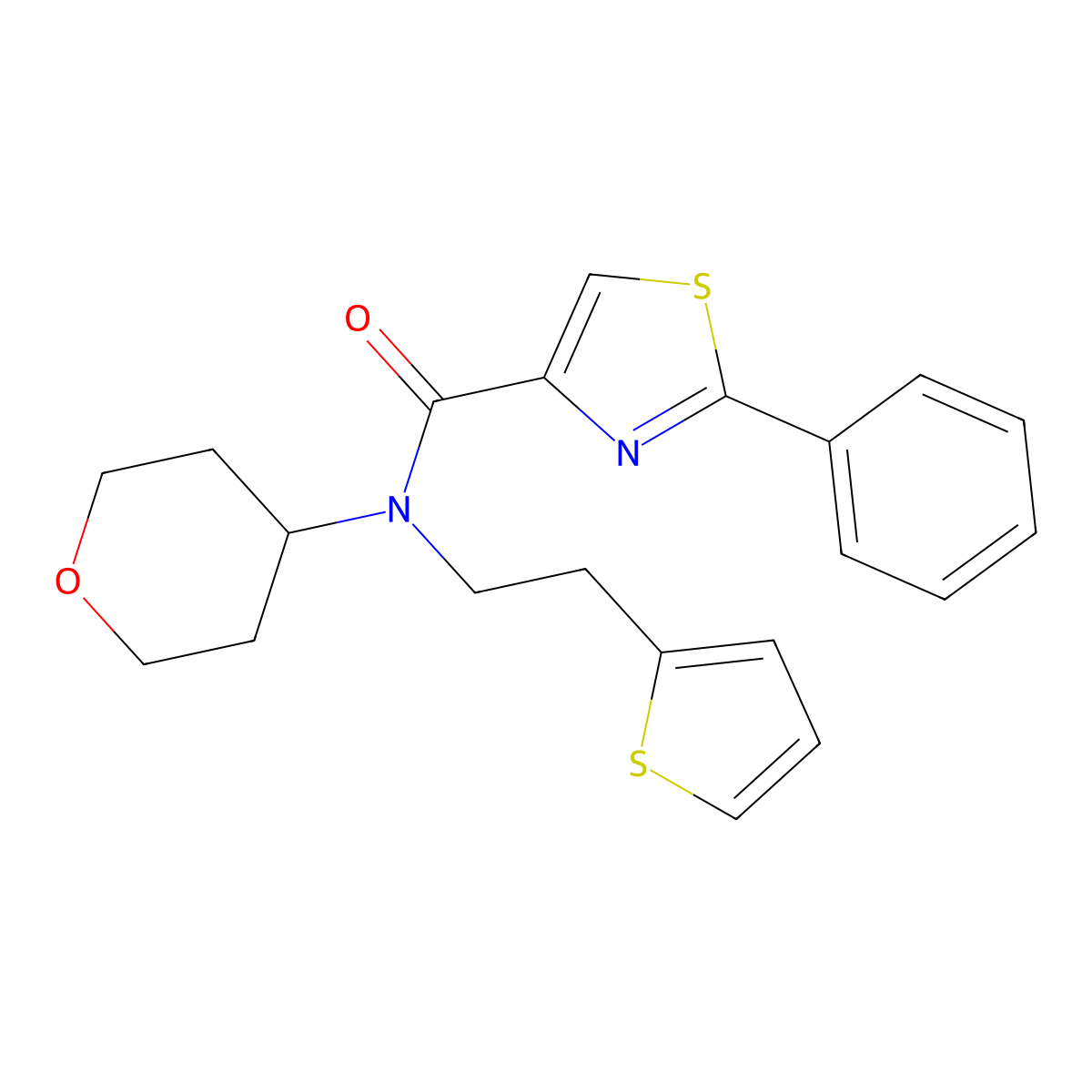 2-phenyl-N-(tetrahydro-2H-pyran-4-yl)-N-(2-(thiophen-2-yl)ethyl)thiazole-4-carboxamide molecular structure, CAS 1798618-35-5