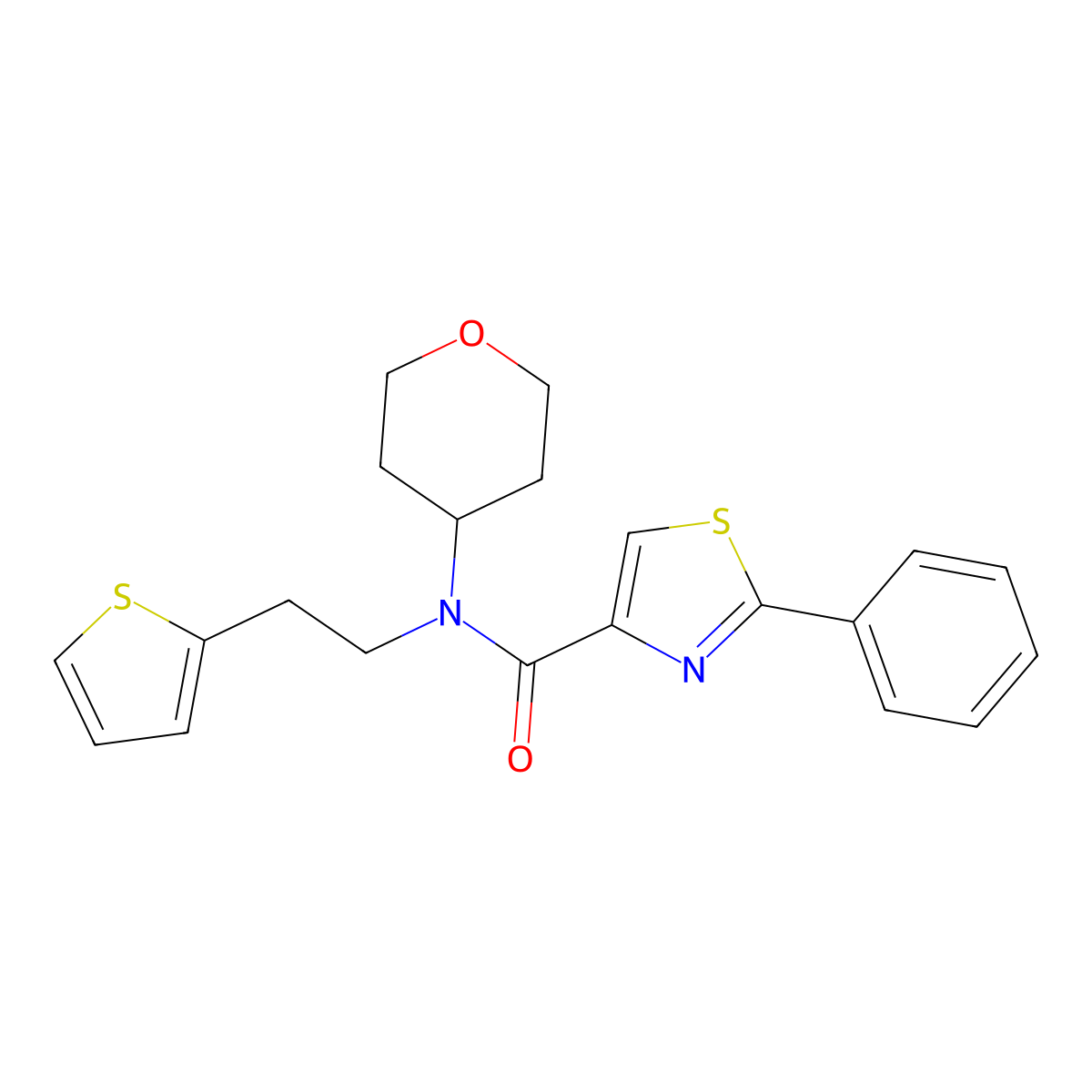 2-phenyl-N-(tetrahydro-2H-pyran-4-yl)-N-(2-(thiophen-2-yl)ethyl)thiazole-4-carboxamide molecular structure, CAS 1798618-35-5