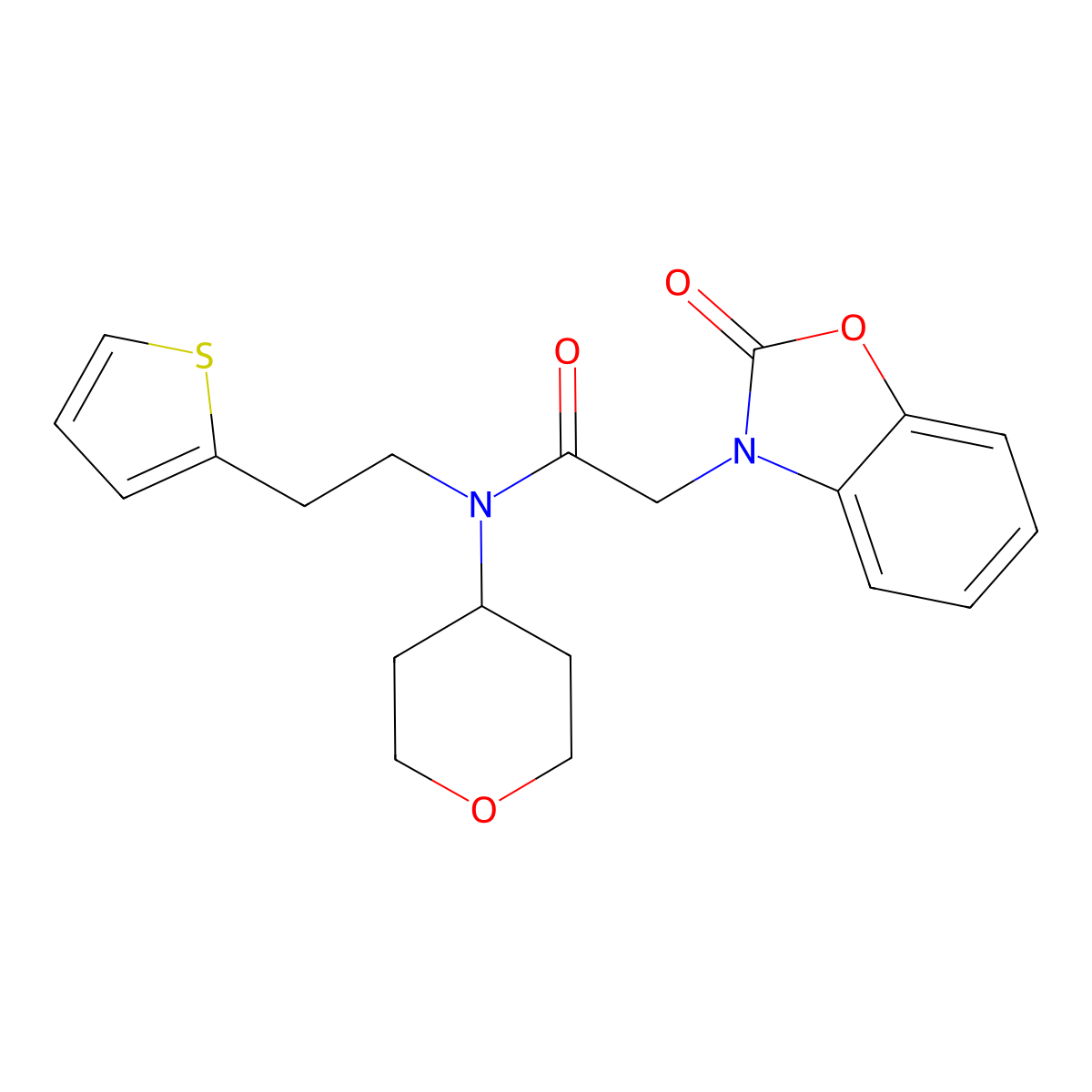 2-(2-oxobenzo[d]oxazol-3(2H)-yl)-N-(tetrahydro-2H-pyran-4-yl)-N-(2-(thiophen-2-yl)ethyl)acetamide molecular structure, CAS 1798618-42-4