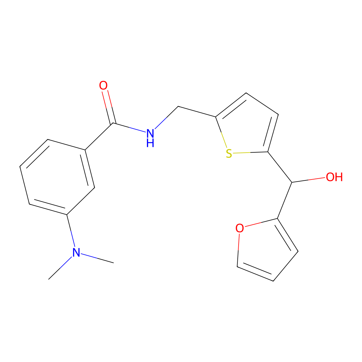 3-(dimethylamino)-N-((5-(furan-2-yl(hydroxy)methyl)thiophen-2-yl)methyl)benzamide molecular structure, CAS 1798618-44-6