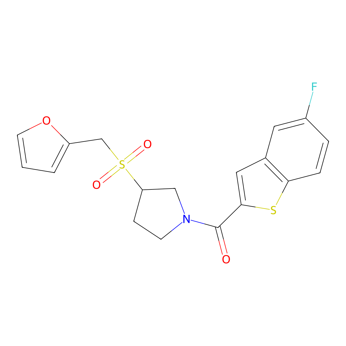 (5-Fluorobenzo[b]thiophen-2-yl)(3-((furan-2-ylmethyl)sulfonyl)pyrrolidin-1-yl)methanone molecular structure, CAS 1798618-60-6