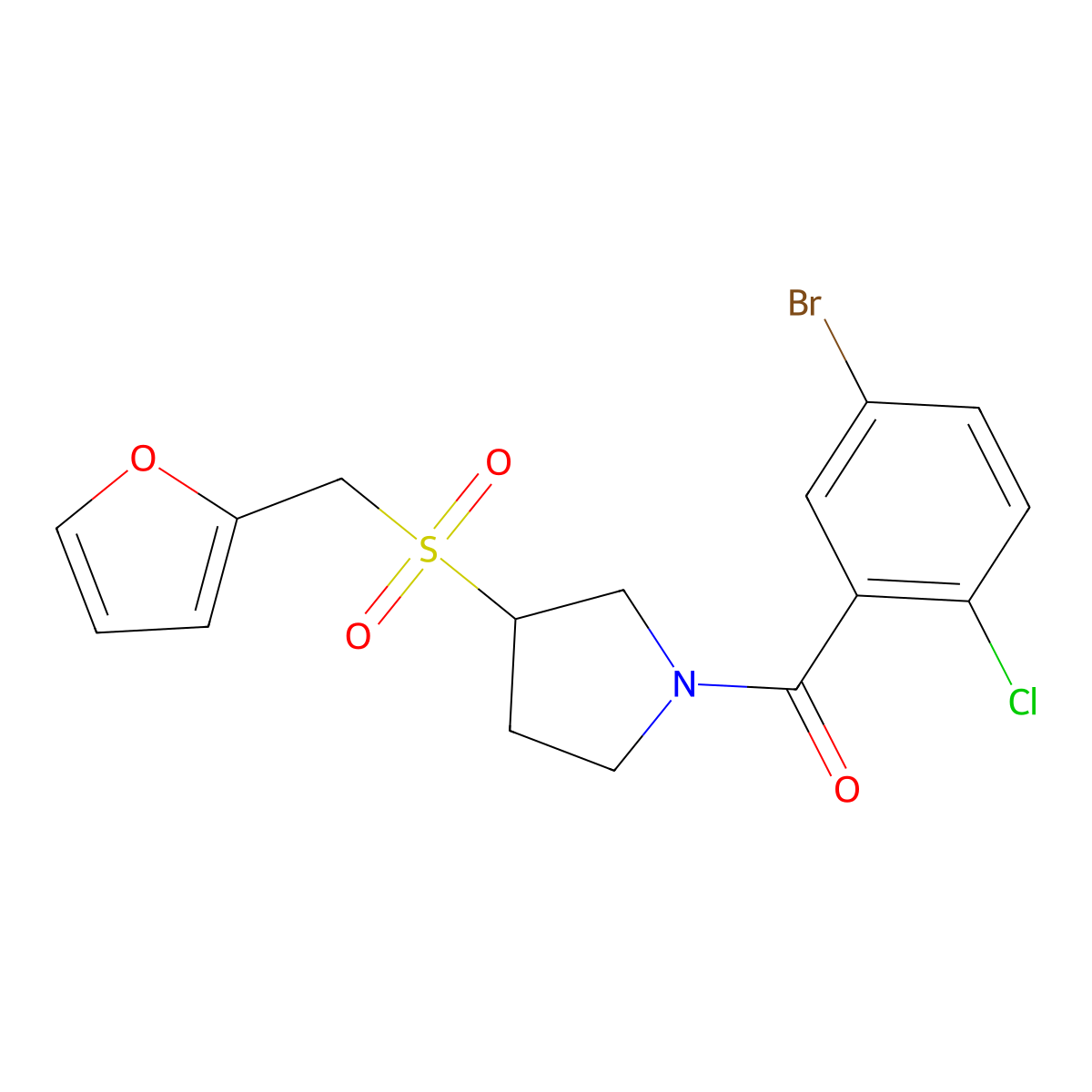 (5-Bromo-2-chlorophenyl)(3-((furan-2-ylmethyl)sulfonyl)pyrrolidin-1-yl)methanone molecular structure, CAS 1798618-64-0