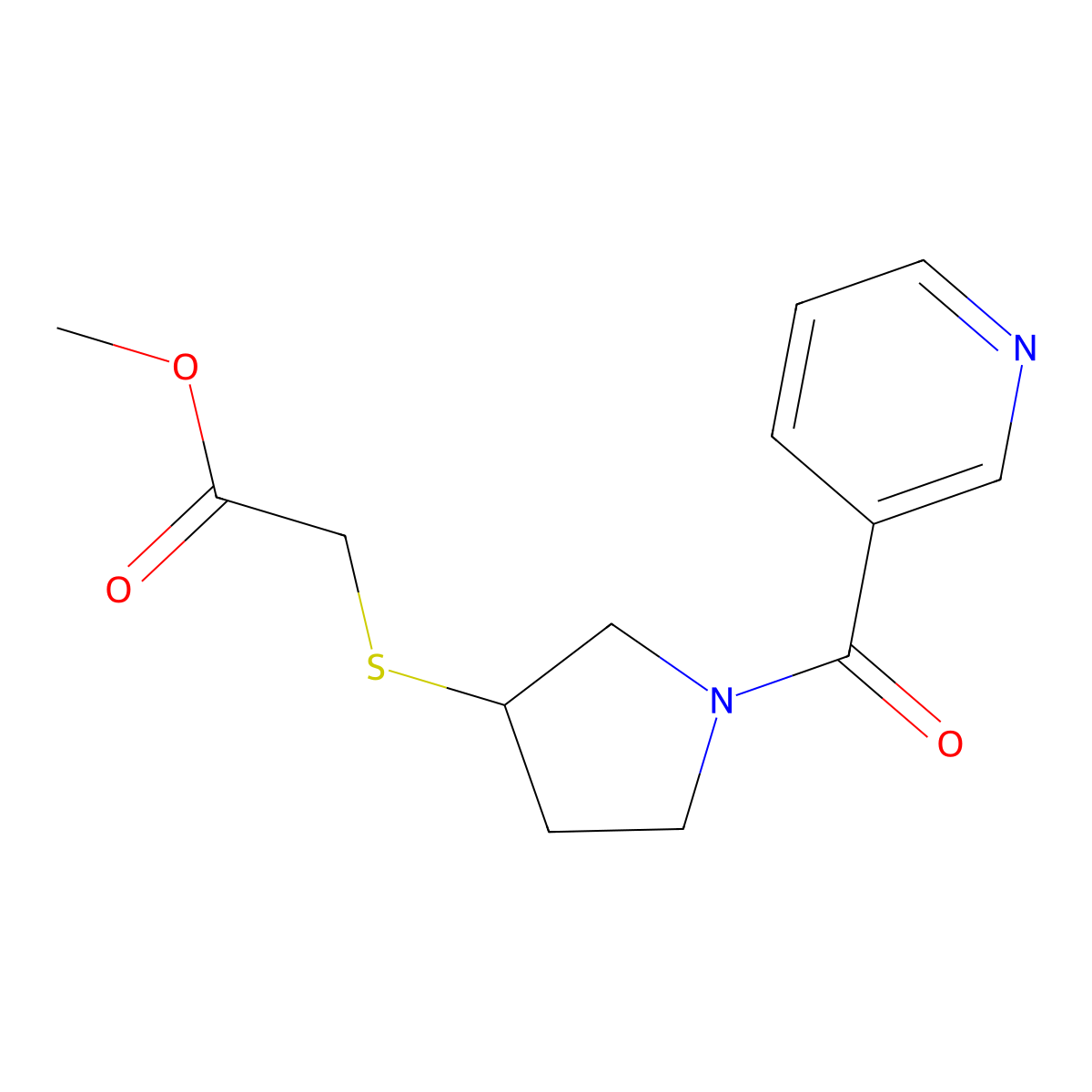 Methyl 2-((1-nicotinoylpyrrolidin-3-yl)thio)acetate molecular structure, CAS 1798618-66-2