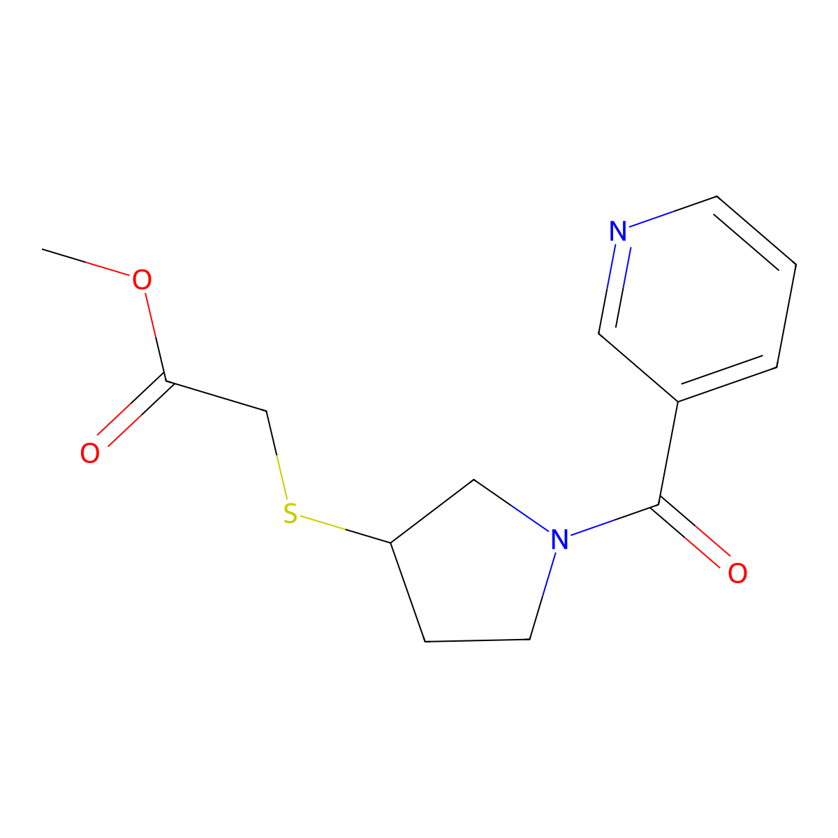 Methyl 2-((1-nicotinoylpyrrolidin-3-yl)thio)acetate molecular structure, CAS 1798618-66-2