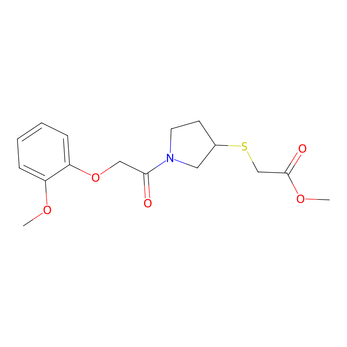 Methyl 2-((1-(2-(2-methoxyphenoxy)acetyl)pyrrolidin-3-yl)thio)acetate molecular structure, CAS 1798618-70-8